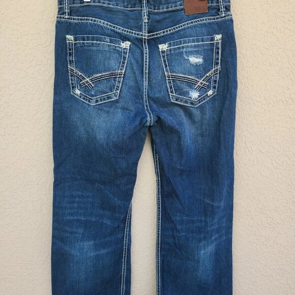 BKE Men's Tyler Dark Wash White Stitch Distressed Blue Jeans Size 34R - Picture 4 of 5
